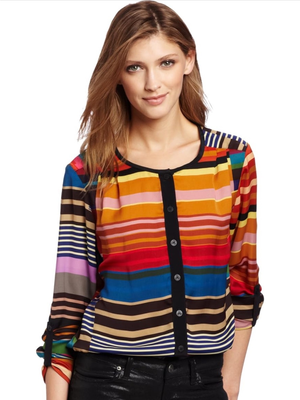 Trina Turk colorful striped long sleeve button down blouse size small